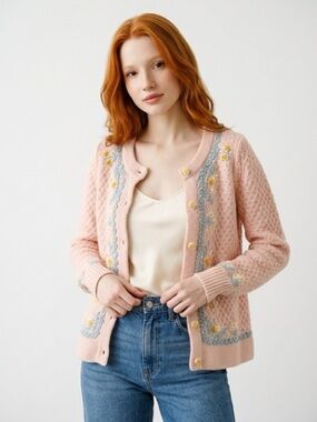 LoveShackFancy Pink Cardigan with Floral Embroidery sample sale